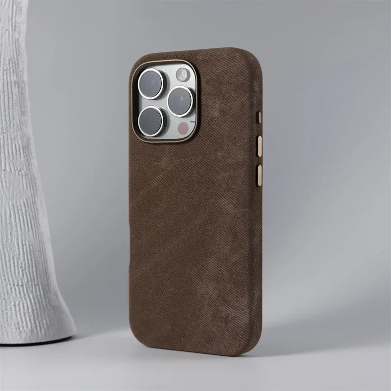Magnetic Wireless Charging Phone Case for Iphone 17 16Pro Max 14 15 Pro 13 12 Retro Flannel Fibre Metal Lens Armor Cover