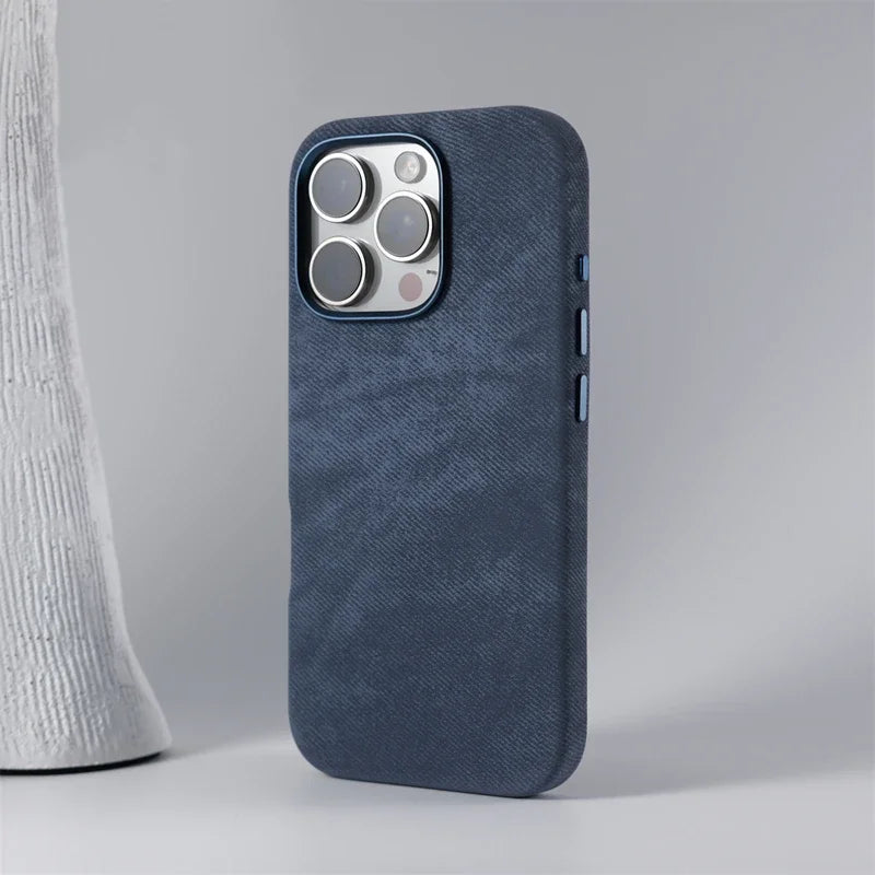 Magnetic Wireless Charging Phone Case for Iphone 17 16Pro Max 14 15 Pro 13 12 Retro Flannel Fibre Metal Lens Armor Cover