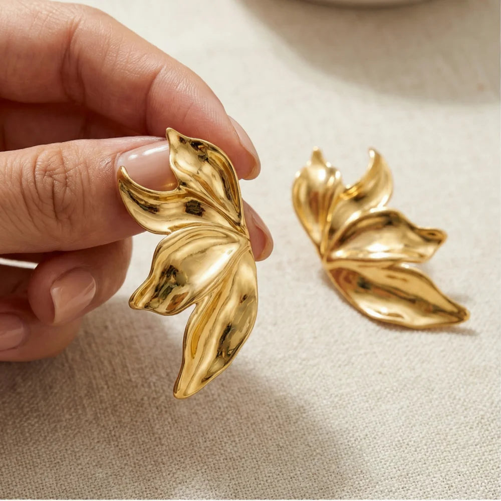 Leaf Gold Plated Statement Stainless Steel Stud Earrings
