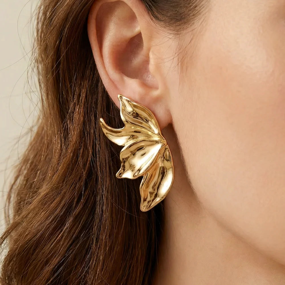 Leaf Gold Plated Statement Stainless Steel Stud Earrings
