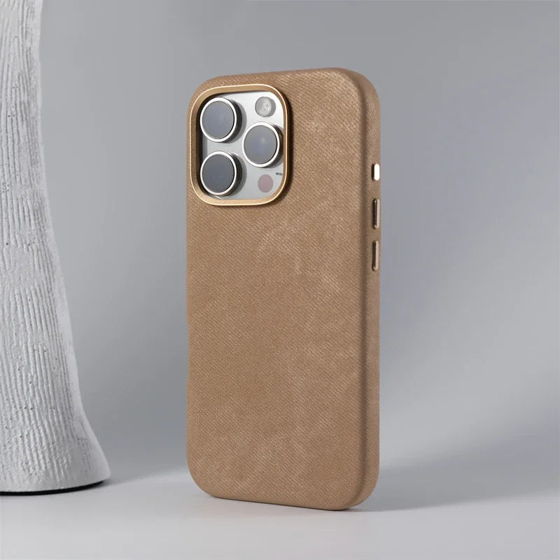 Magnetic Wireless Charging Phone Case for Iphone 17 16Pro Max 14 15 Pro 13 12 Retro Flannel Fibre Metal Lens Armor Cover