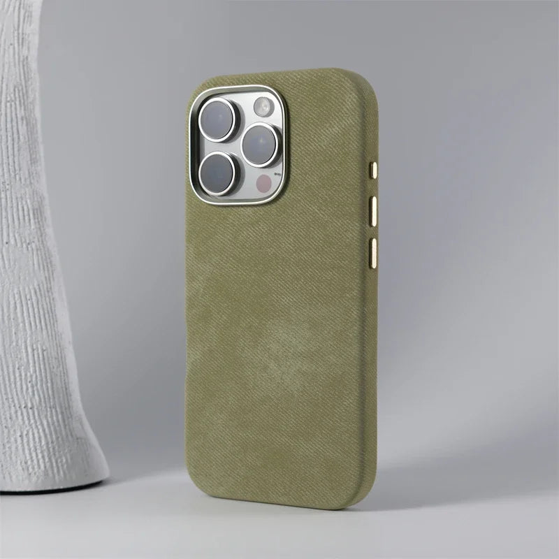 Magnetic Wireless Charging Phone Case for Iphone 17 16Pro Max 14 15 Pro 13 12 Retro Flannel Fibre Metal Lens Armor Cover