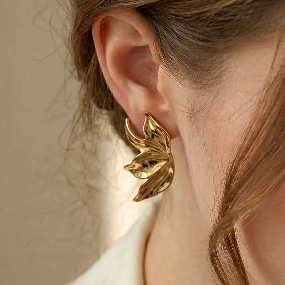 Leaf Gold Plated Statement Stainless Steel Stud Earrings
