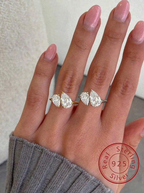 925 Sterling Silver Water Drop Zircon Ring 