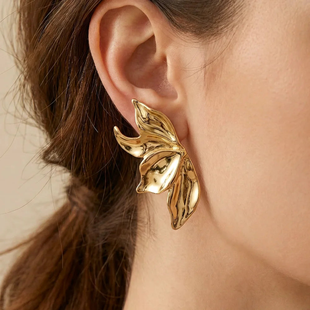 Leaf Gold Plated Statement Stainless Steel Stud Earrings